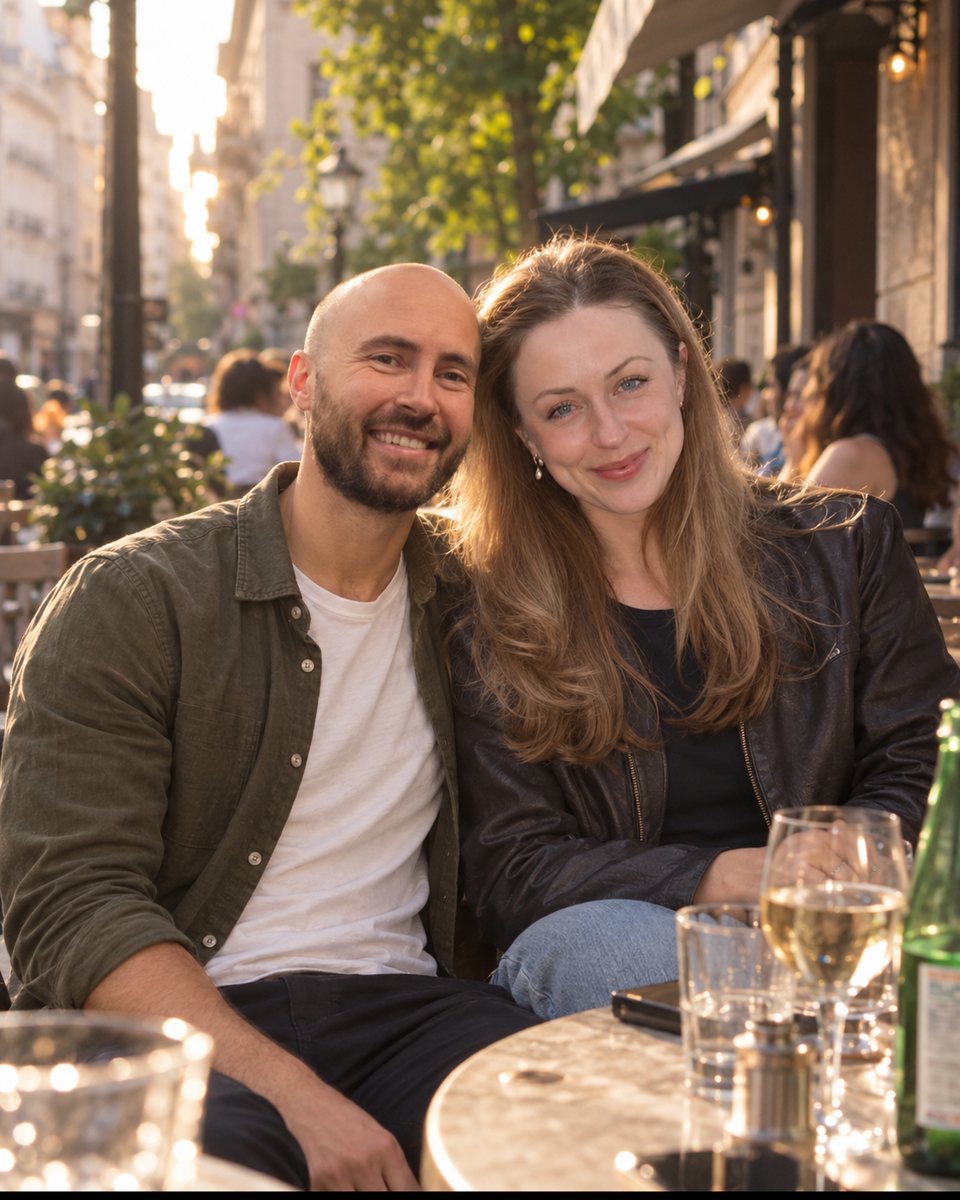 Tom with his partner at a cafe terrace in the evening sun