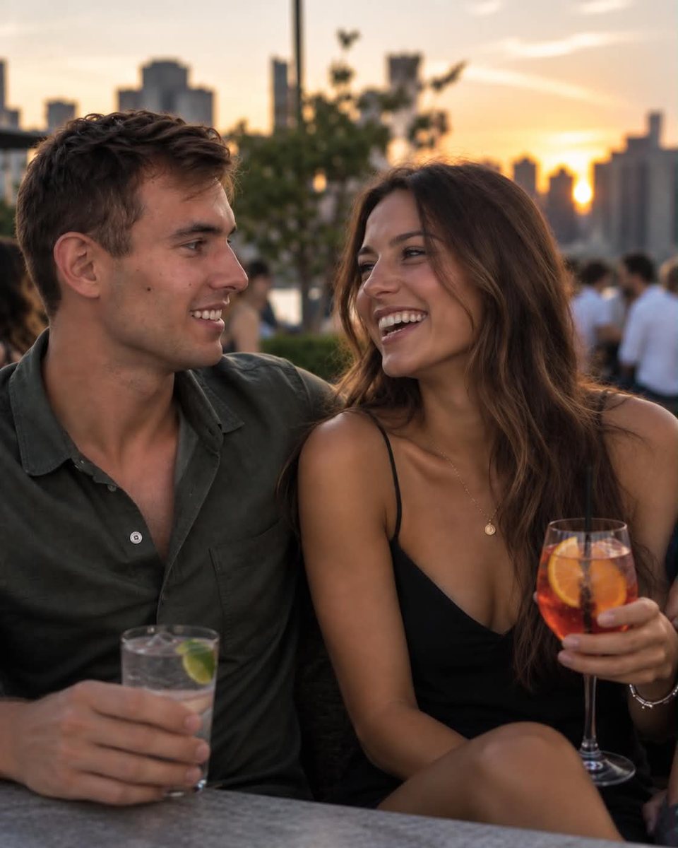 Marcus laughing with his date at a rooftop bar