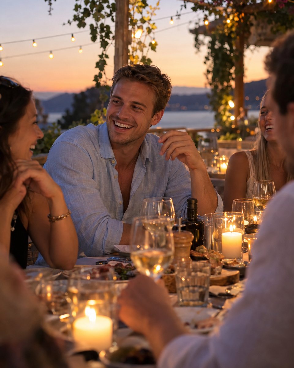 Man laughing with friends around a candlelit table on a warm evening