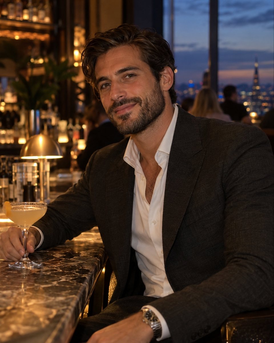 Man in a tailored jacket at a cocktail bar at dusk