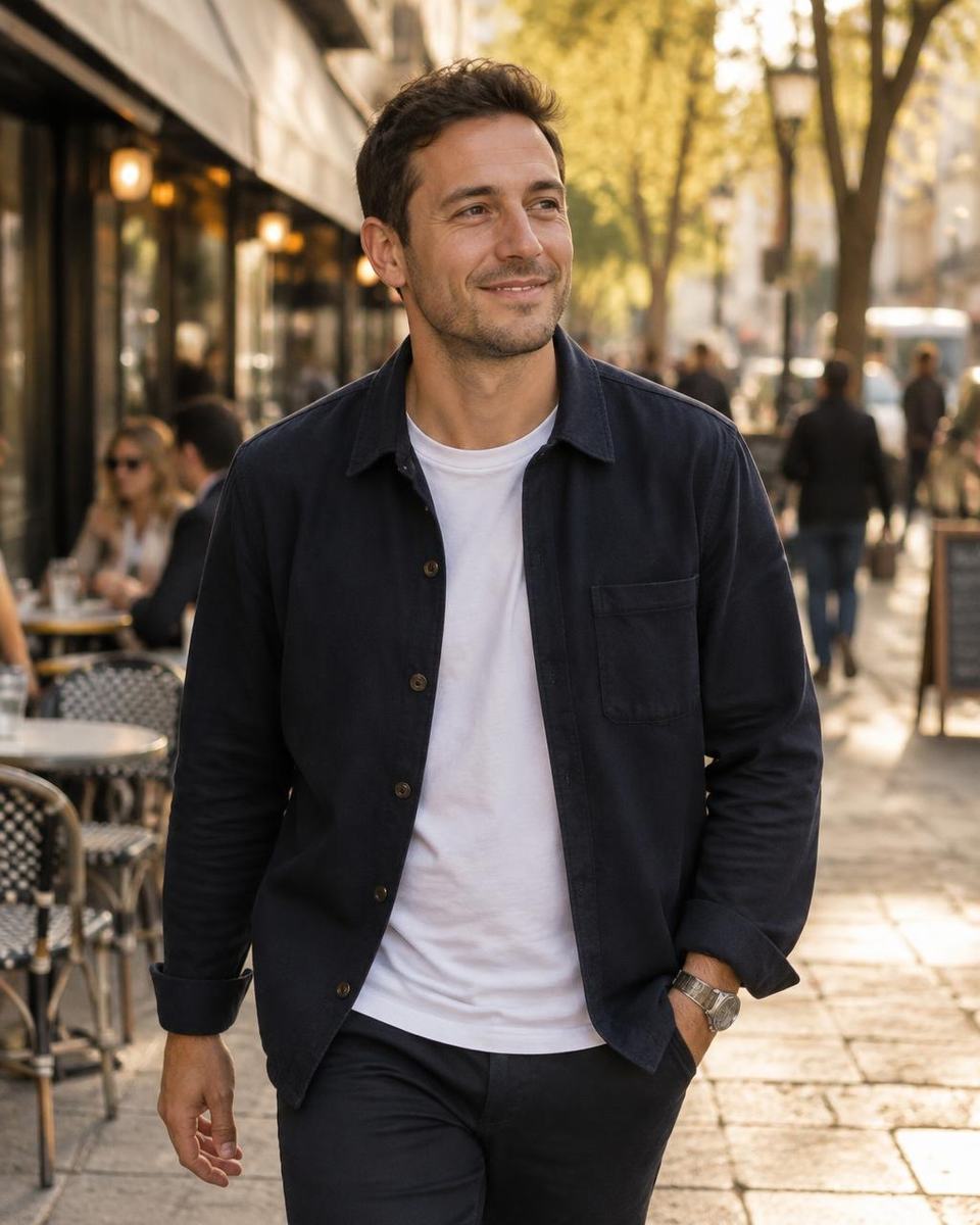 Man in his thirties smiling as he walks down a city street