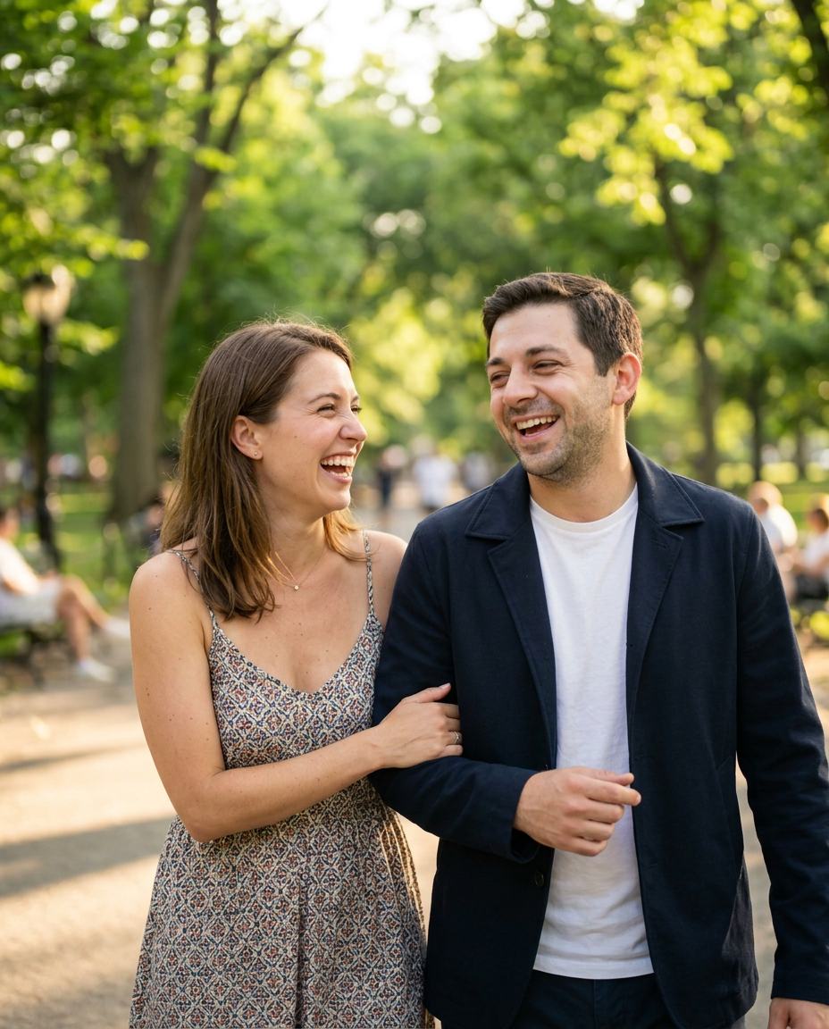 Daniel walking arm in arm with his partner through a park