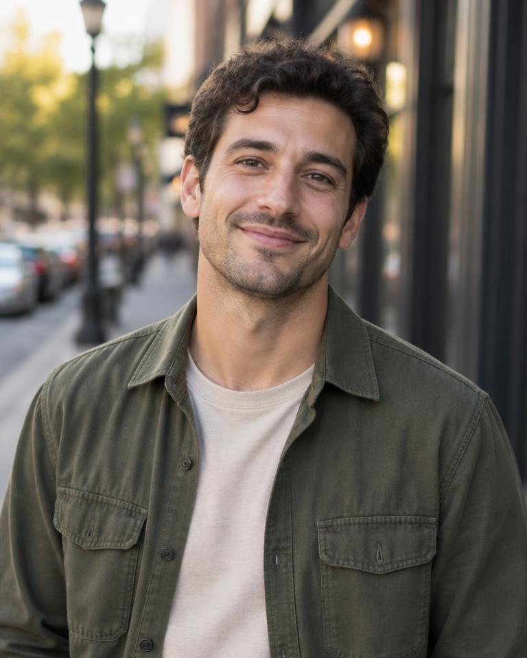 Polished dating profile photo of a man on a city street