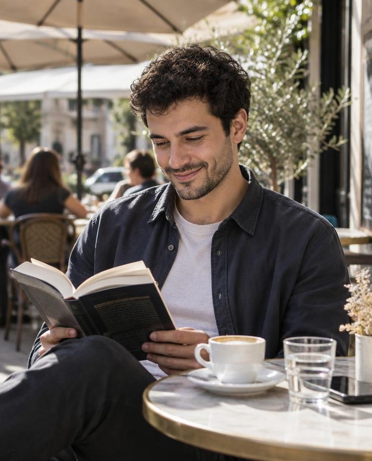 Man reading at a sunny cafe terrace