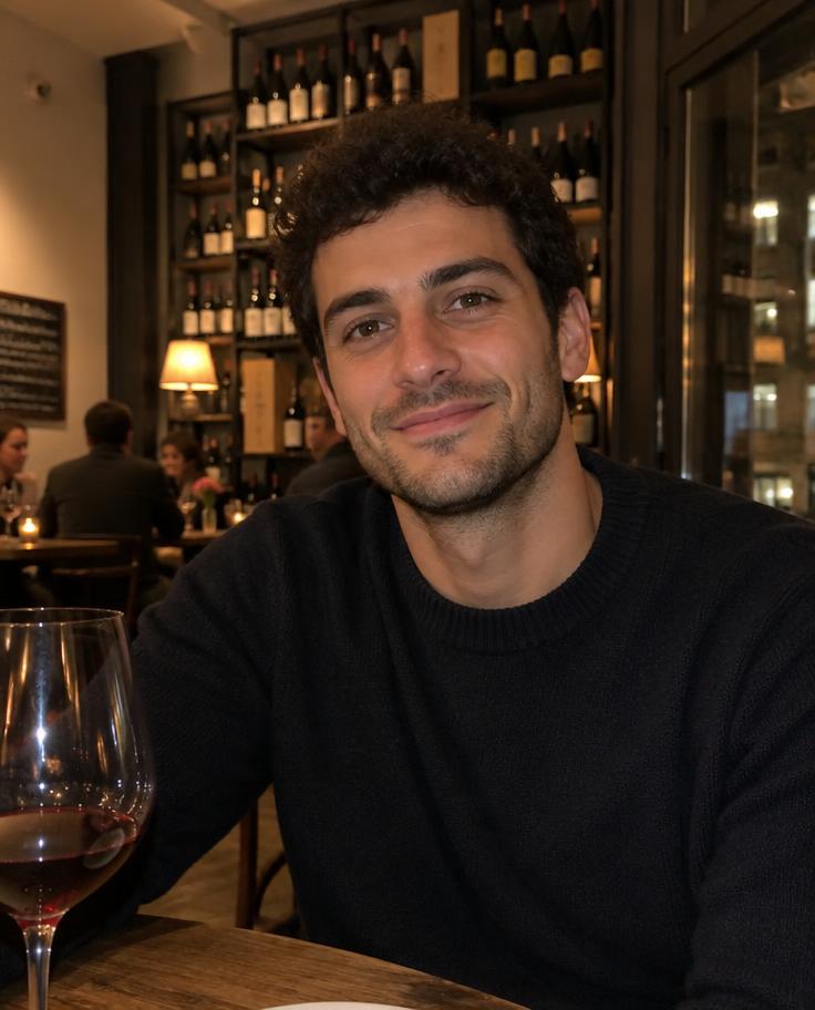 Man dressed up at a wine bar