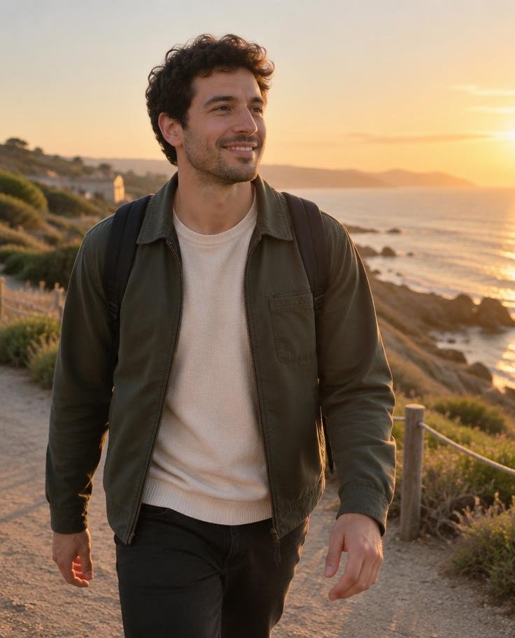 Man walking a coastal path at sunset