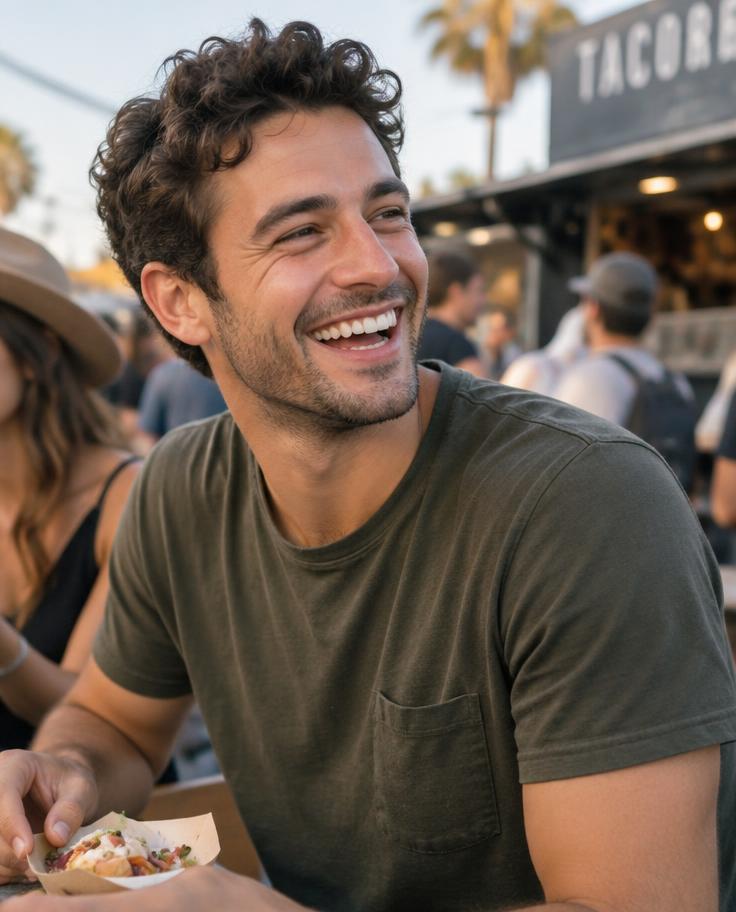 Man laughing at a food market